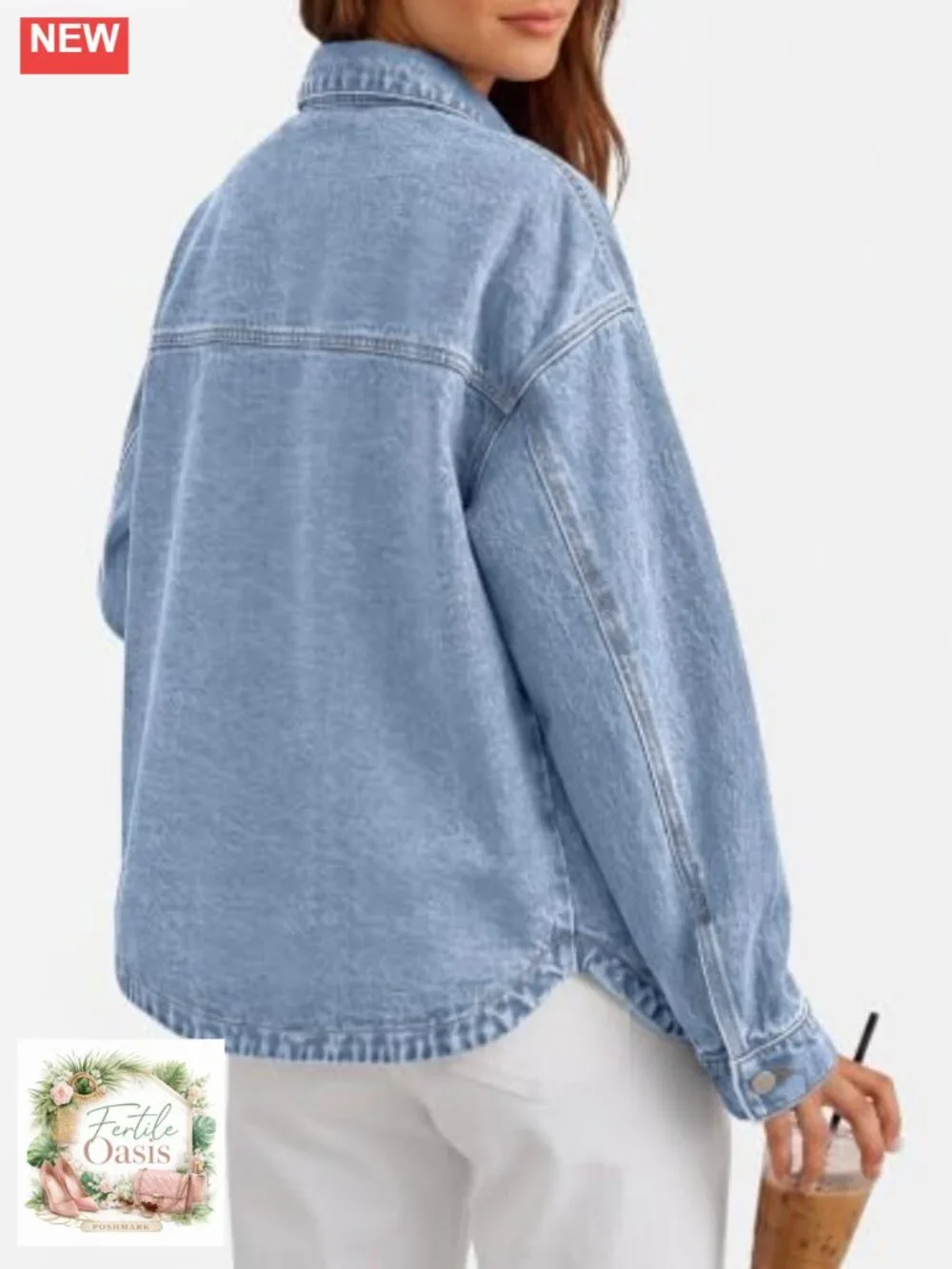 Women's Oversized Denim Jacket Boyfriend Shacket Cotton Button-Up